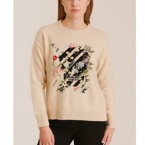 Skull Cashmere Aji Floral Embroidered Skull Stripe Sweater Pale Pink Size Small